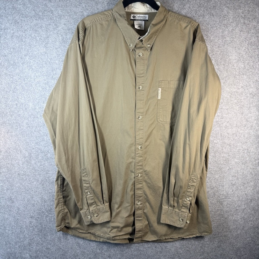 Columbia Mens XL Tall XLT Khaki Olive Button Down Shirt Long Sleeve Outdoor